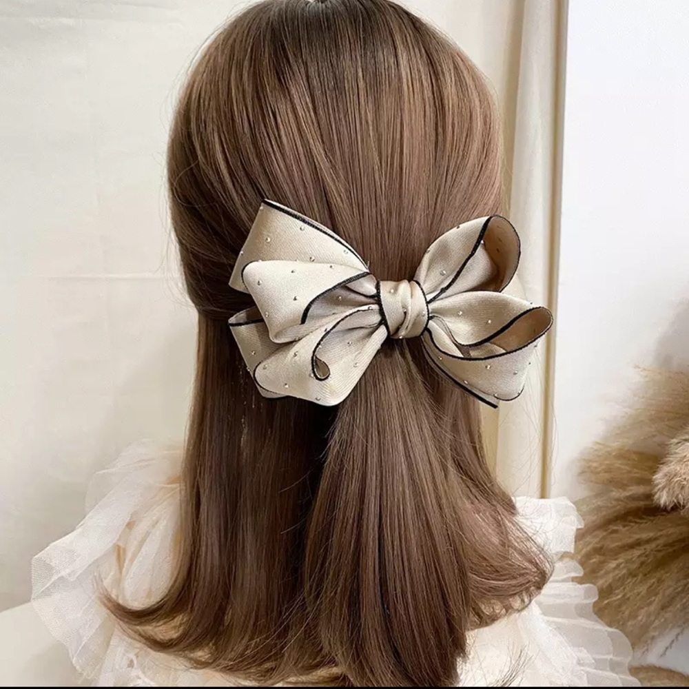 Beige Satin Rhinestone Hairpin Hair Bow Clip